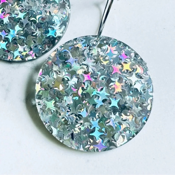 2/$30🌵 Pixiedust Iridescent Glitter Sparkle Earrings Acrylic Circle Hoop Disc - Picture 6 of 8